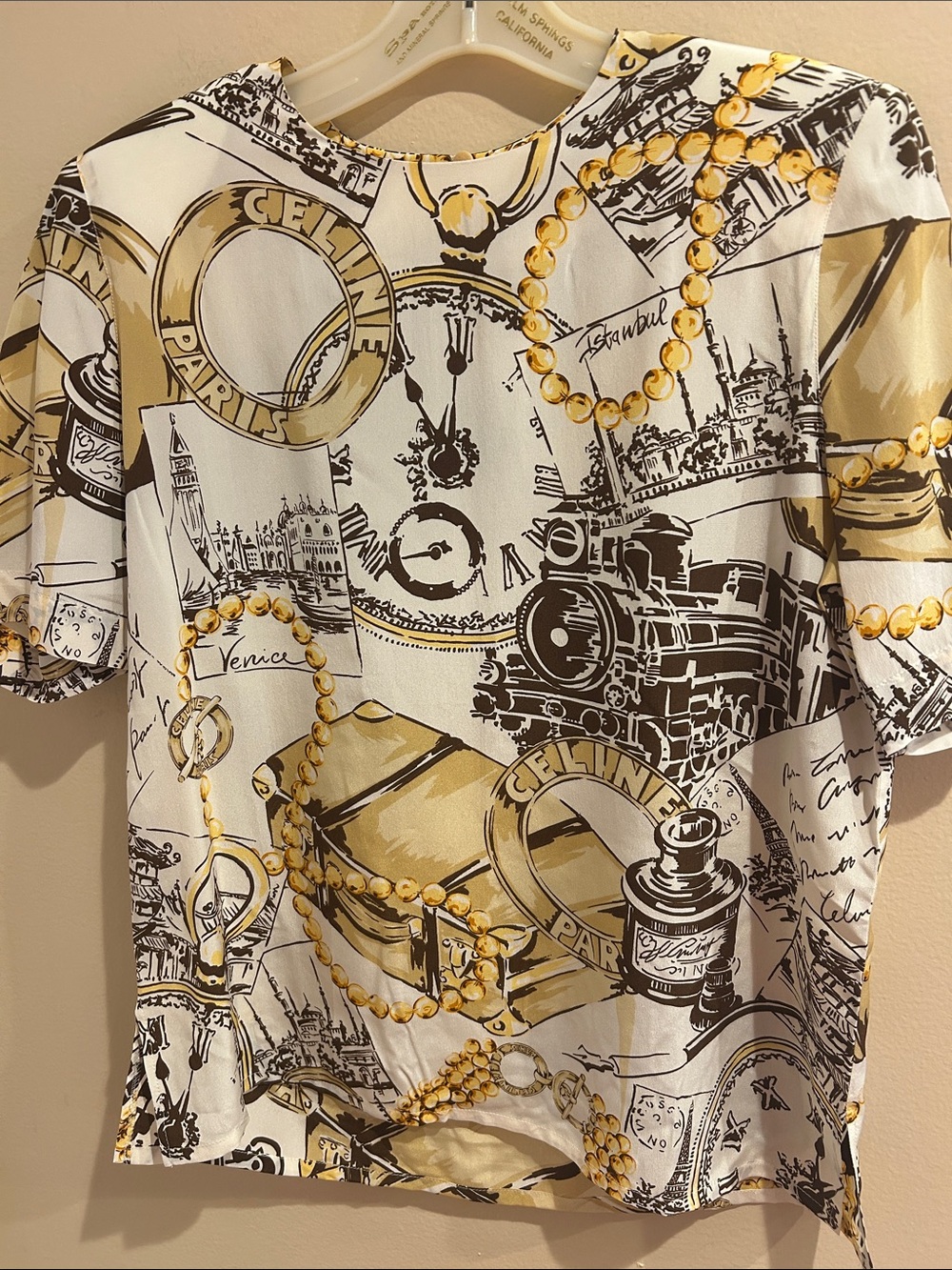 Vintage 180’s Celine Paris Silk Travel Print Top Blouse Sz 38/S